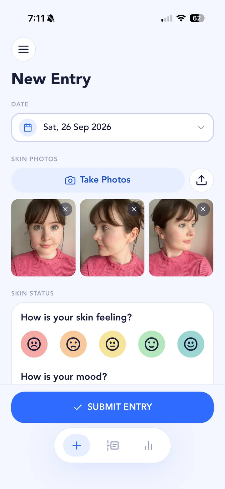 New entry screen with the date, three skin photos and a skin feeling check-in