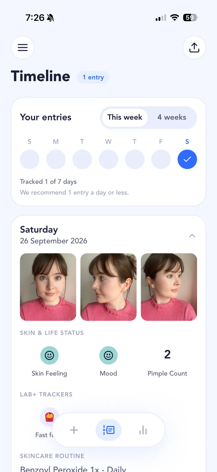 SkinTheory timeline showing one day’s skin photos, mood and pimple count
