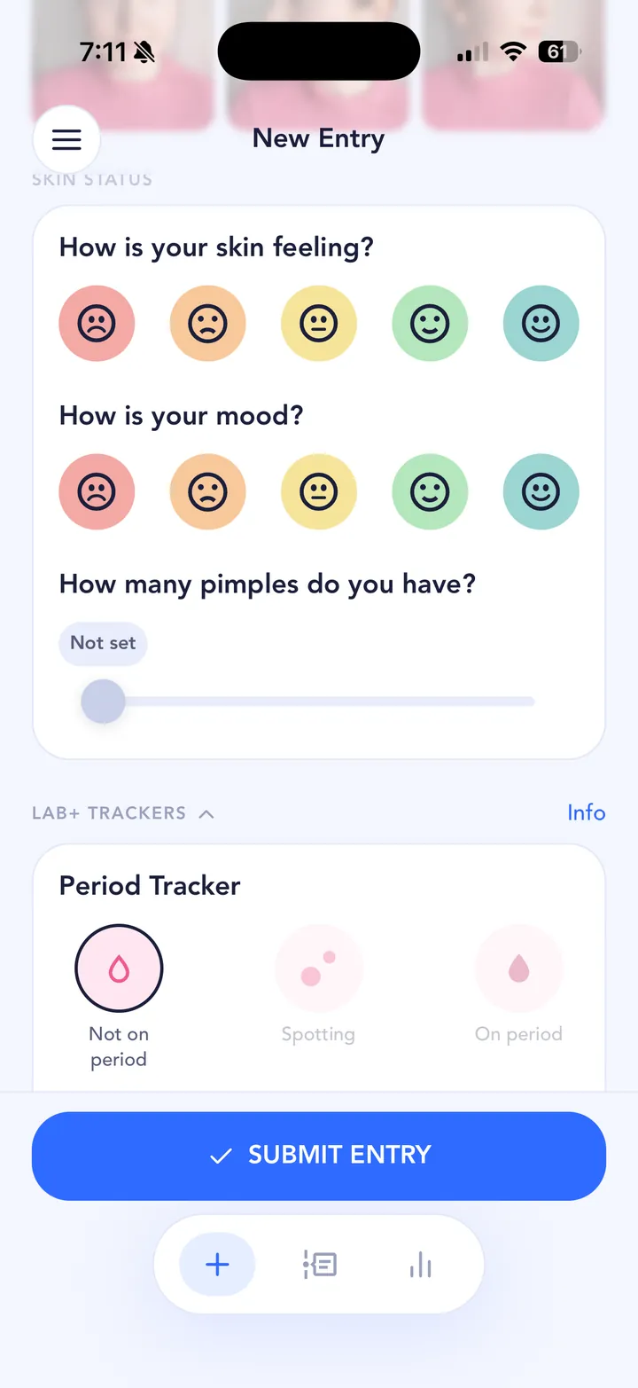 Entry screen with skin feeling, mood, pimple count and the period tracker